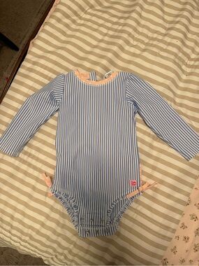 Rufflebutts Blue and White Striped Long-Sleeve One-Piece for Kids